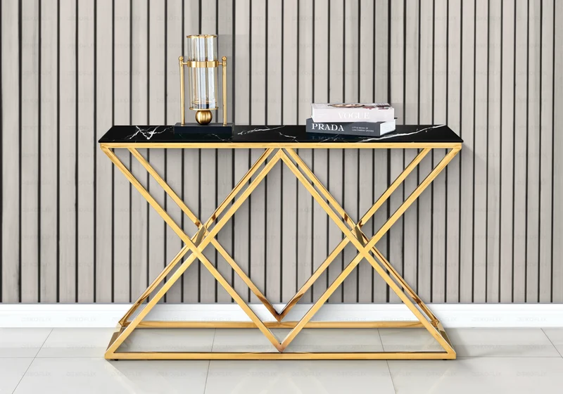 Console d'entrée effet marbre noir et pied doré - Erly