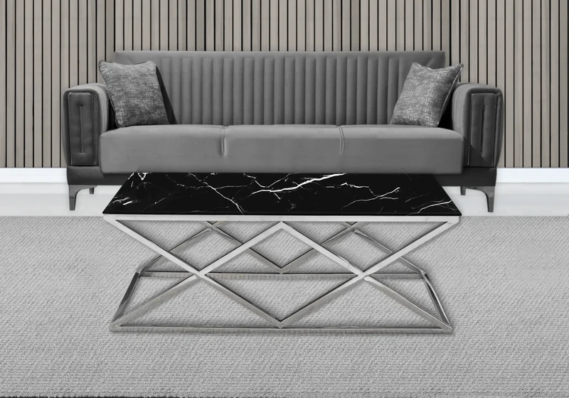 Table basse effet marbre noir et pied argent - Erly