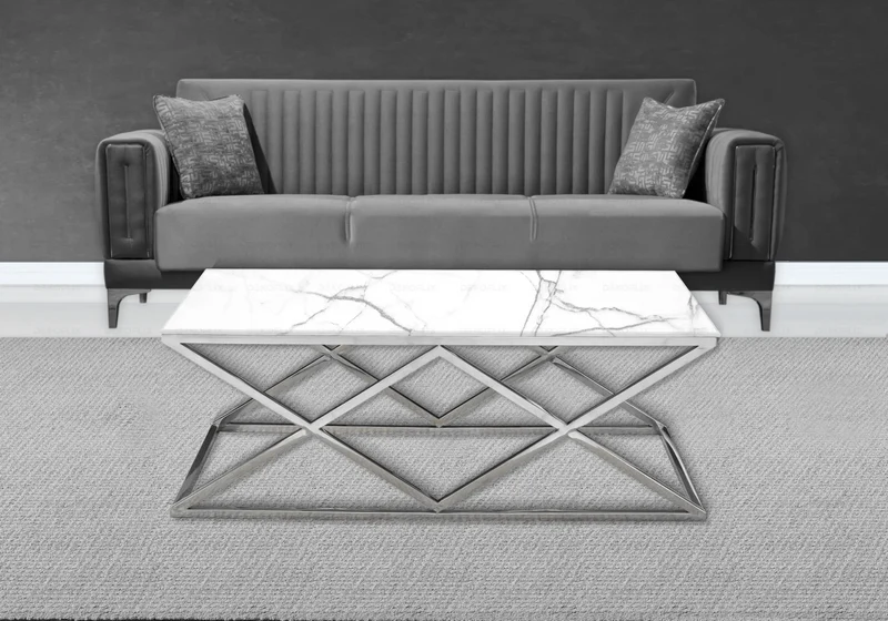 Table basse effet marbre blanc et pied argent - Erly
