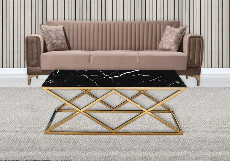Table basse effet marbre noir et pied doré - Erly