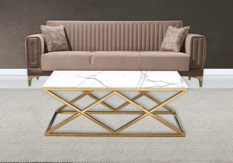 Table basse effet marbre blanc et pied doré - Erly