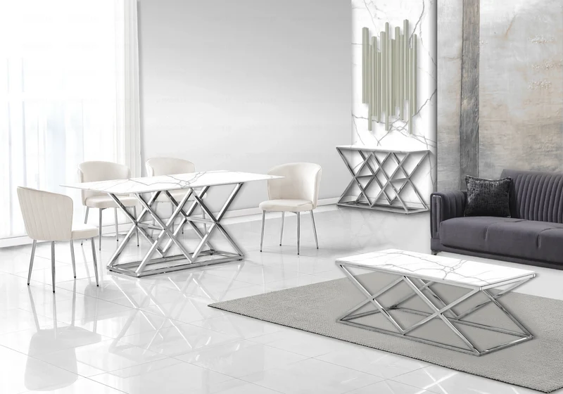 Table à manger effet marbre blanc et pied argent - Erly