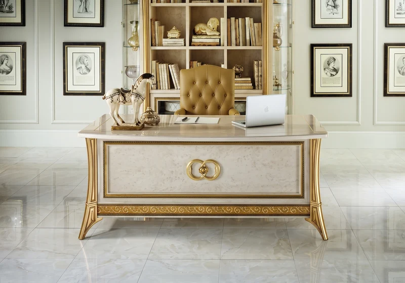Fauteuil de bureau présidentiel capitonné beige et or - Melodia