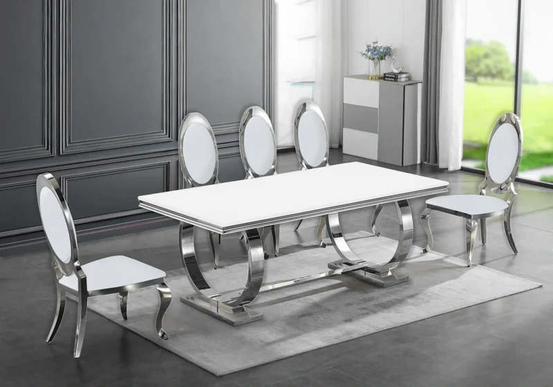 Table verre blanc et 4 chaises médaillon argent – Bobo