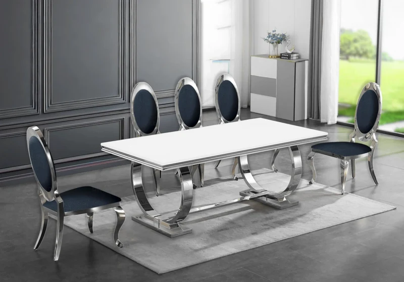 Table verre blanc et 4 chaises médaillon argent – Bobo