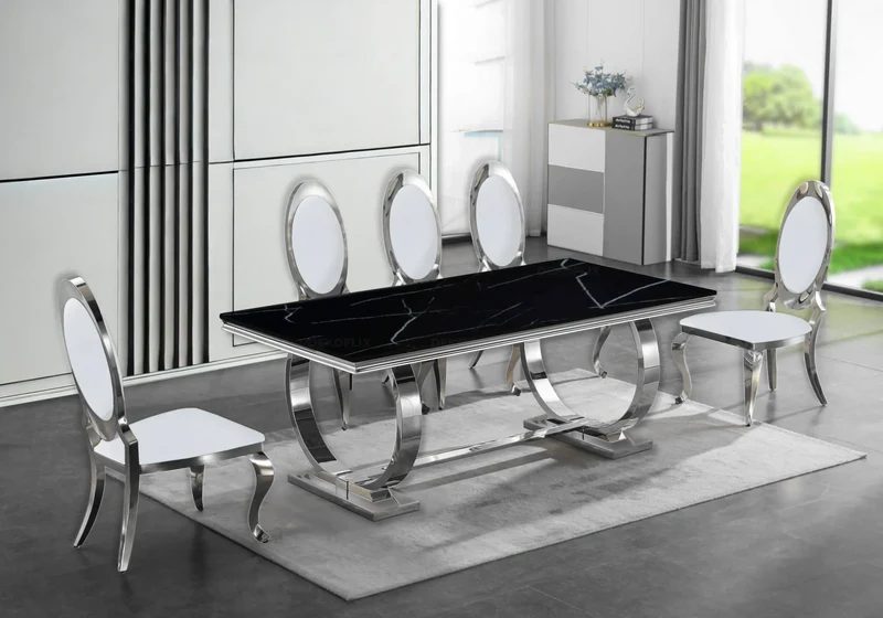 Table marbre noir et 4 chaises médaillon argent – Bobo