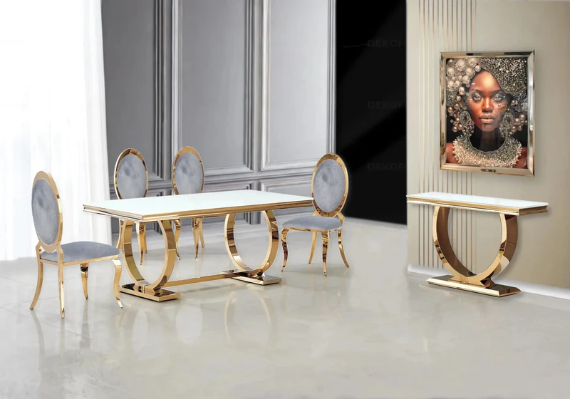 Table verre blanc et 4 chaises médaillon doré – Bobo