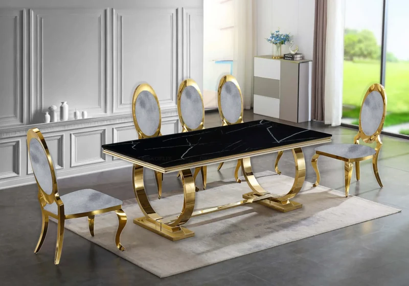 Table marbre noir et 4 chaises médaillon doré – Bobo