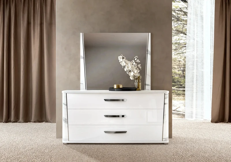 Commode 3 tiroirs blanc laqué et décor marbre - Anna