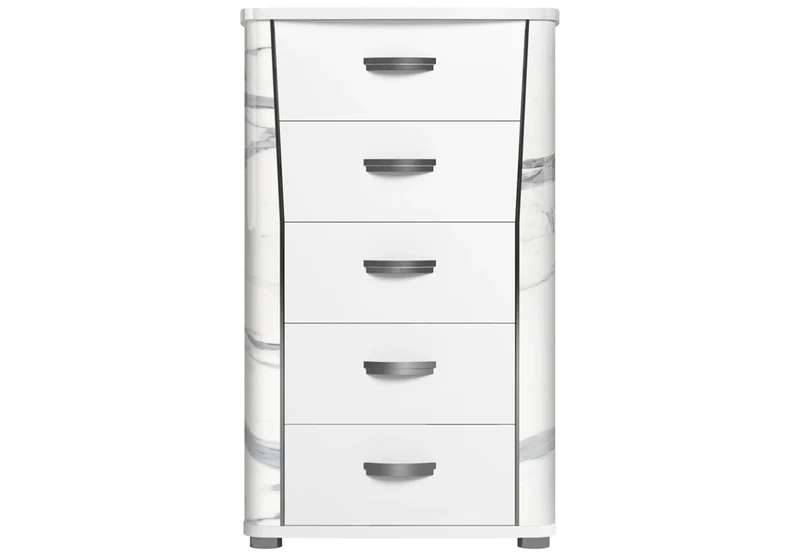 Chiffonnier 5 tiroirs blanc laqué et décor marbre - Anna