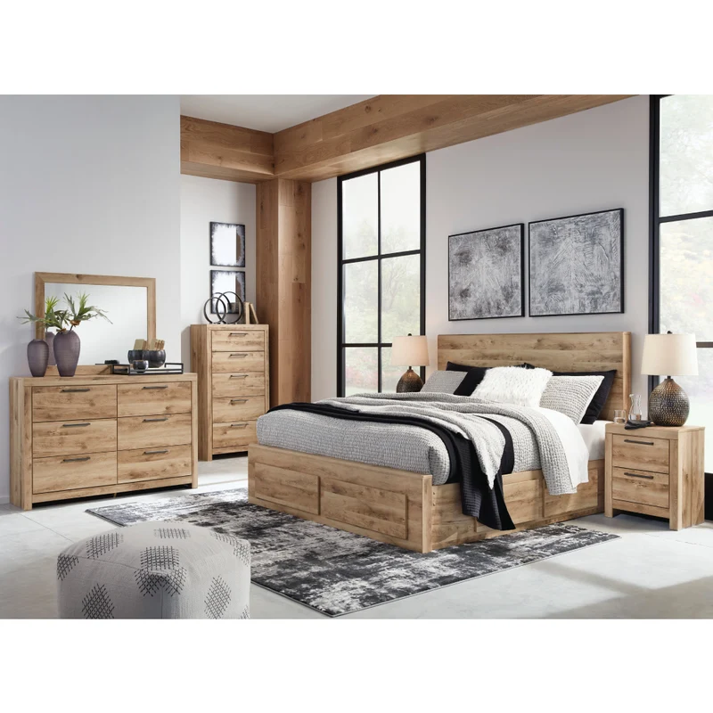 Lit complet en bois/MDF brun clair avec 4 tiroirs Grand / Très grand - Hyanna