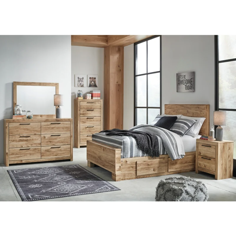 Lit complet en bois/MDF brun clair avec 4 tiroirs Grand / Très grand - Hyanna