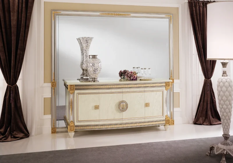 Buffet enfilade 4 portes blanc laqué avec ornements dorés - Liberty