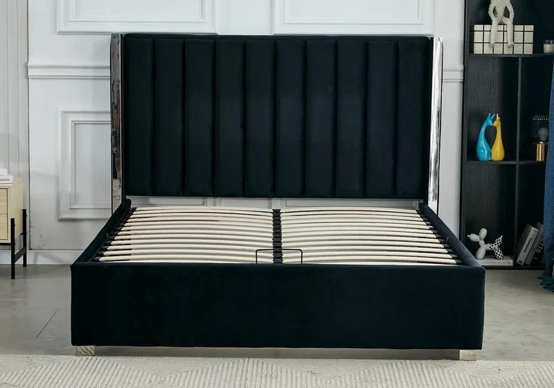 Ensemble lit coffre noir argenté et matelas ressorts - Jade