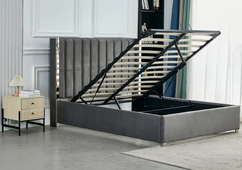 Lit coffre velours gris argenté avec sommier - Jade