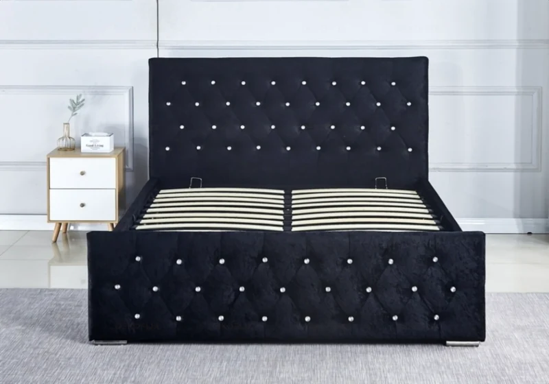 Lit double capitonné en velours noir avec strass - Anis