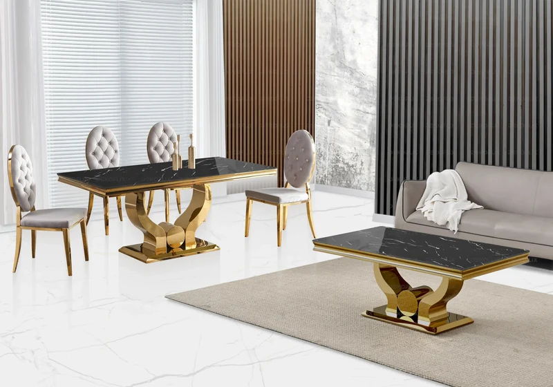Table marbre noir et 4 chaises capitonnées doré – Omega
