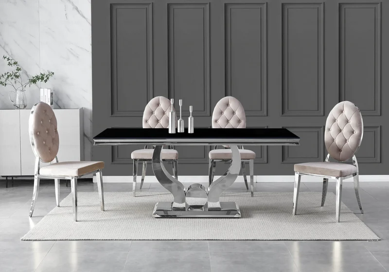 Table verre noir et 4 chaises capitonnées argent – Omega
