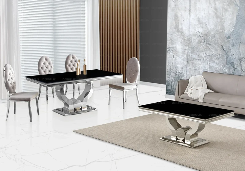 Table verre noir et 4 chaises capitonnées argent – Omega
