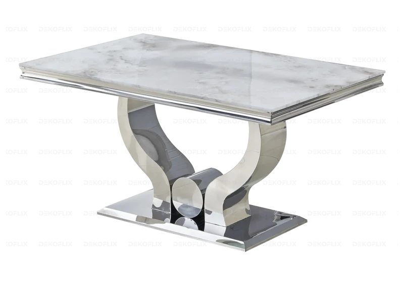 Table marbre beige et 4 chaises capitonnées argent – Omega