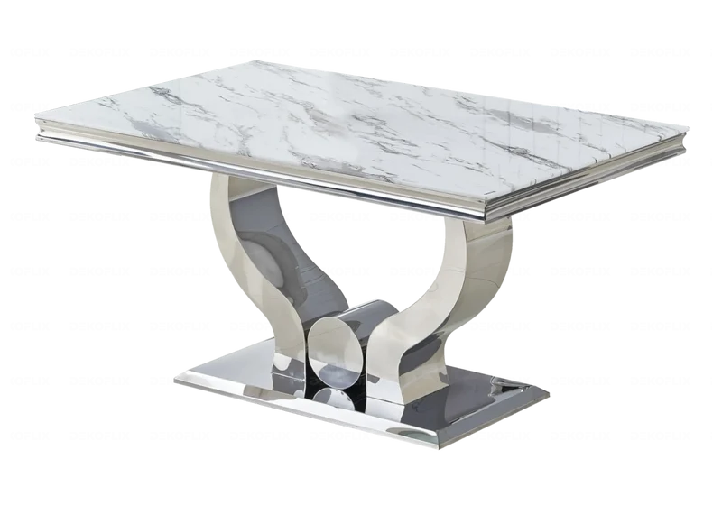 Table marbre blanc et 4 chaises capitonnées argent – Omega