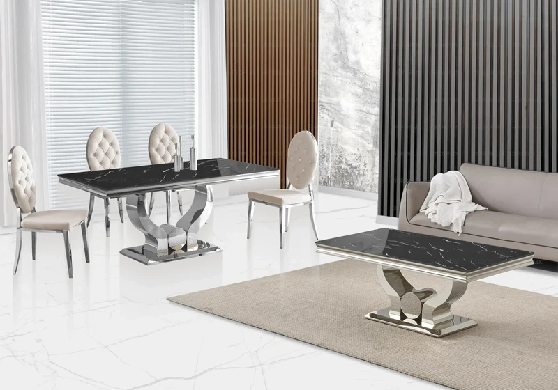 Table marbre noir et 4 chaises capitonnées argent – Omega