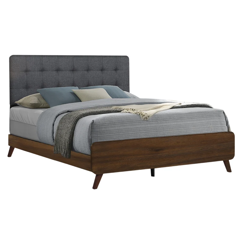 Lit complet en tissu gris et en bois/MDF brun noyer Grand - I 5230Q