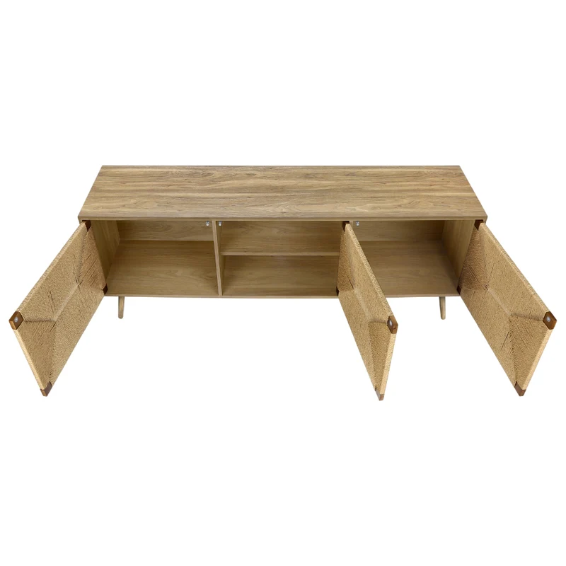 Meuble de télévision en bois/MDF noyer clair avec 3 portes en jonc de mer - I 2793