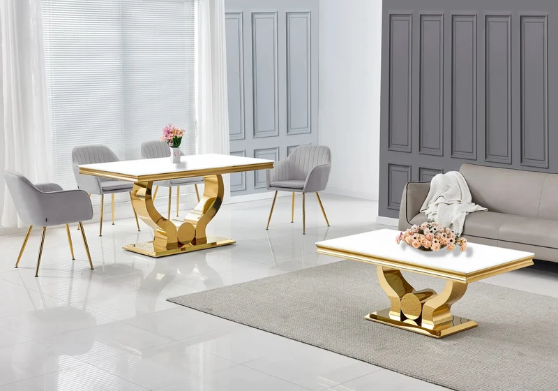 Ensemble table verre blanc et chaises dorés – Omega