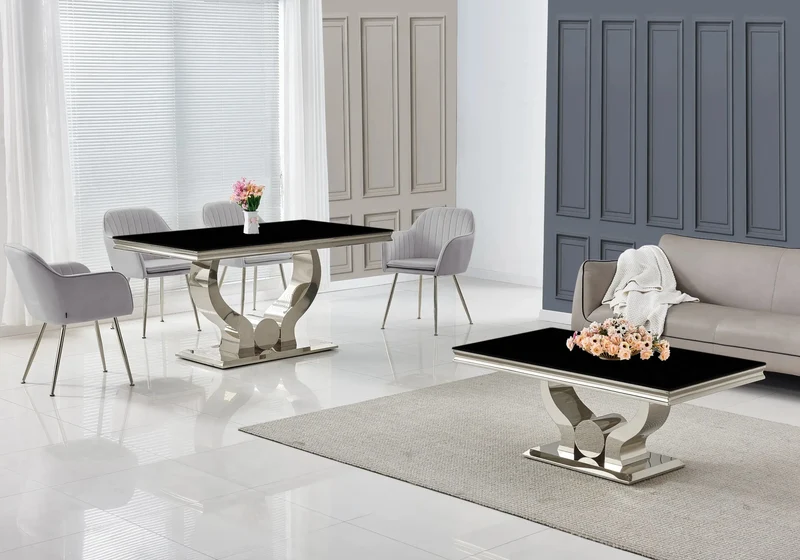 Ensemble table verre noir et chaises argent – Omega