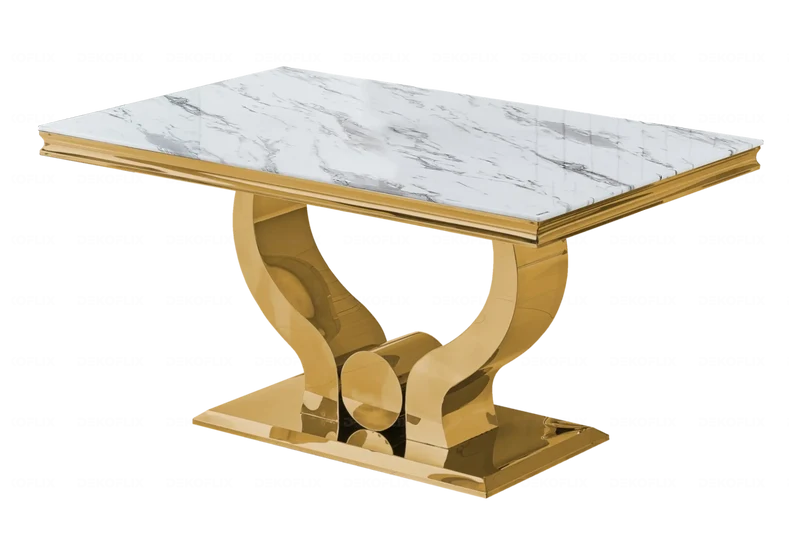 Ensemble table marbre blanc et chaises dorés – Omega