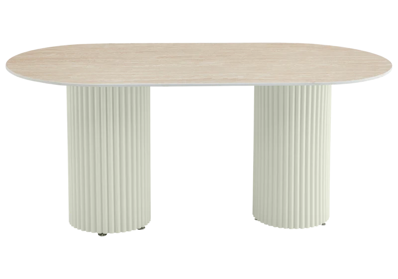 Table à manger ovale travertin brillant et pieds beige - Tivoli