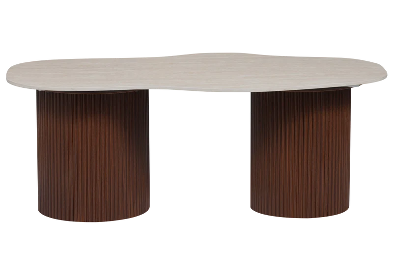 Table basse effet travertin organique et pieds noyer - Venza