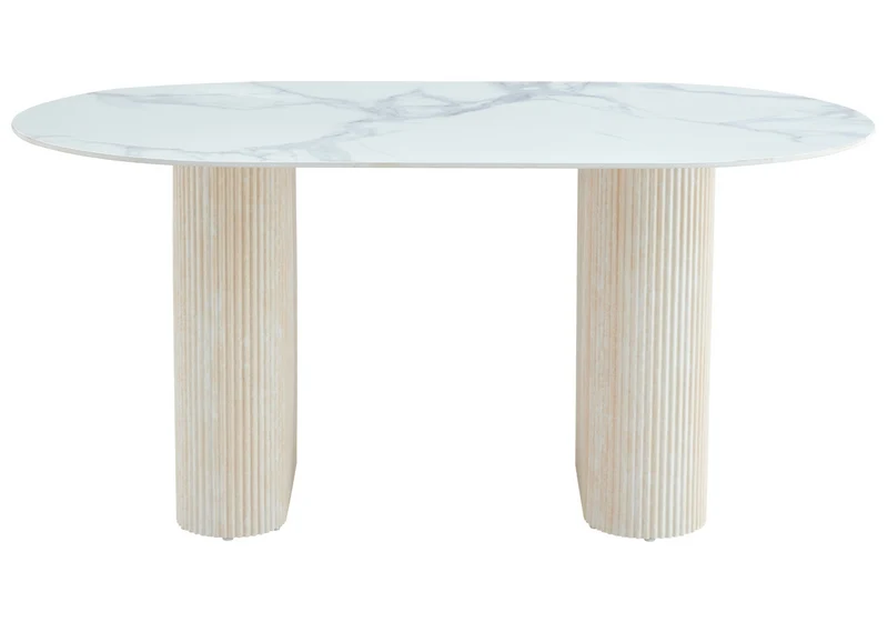 Table à manger ovale effet marbre blanc travertin - Serena
