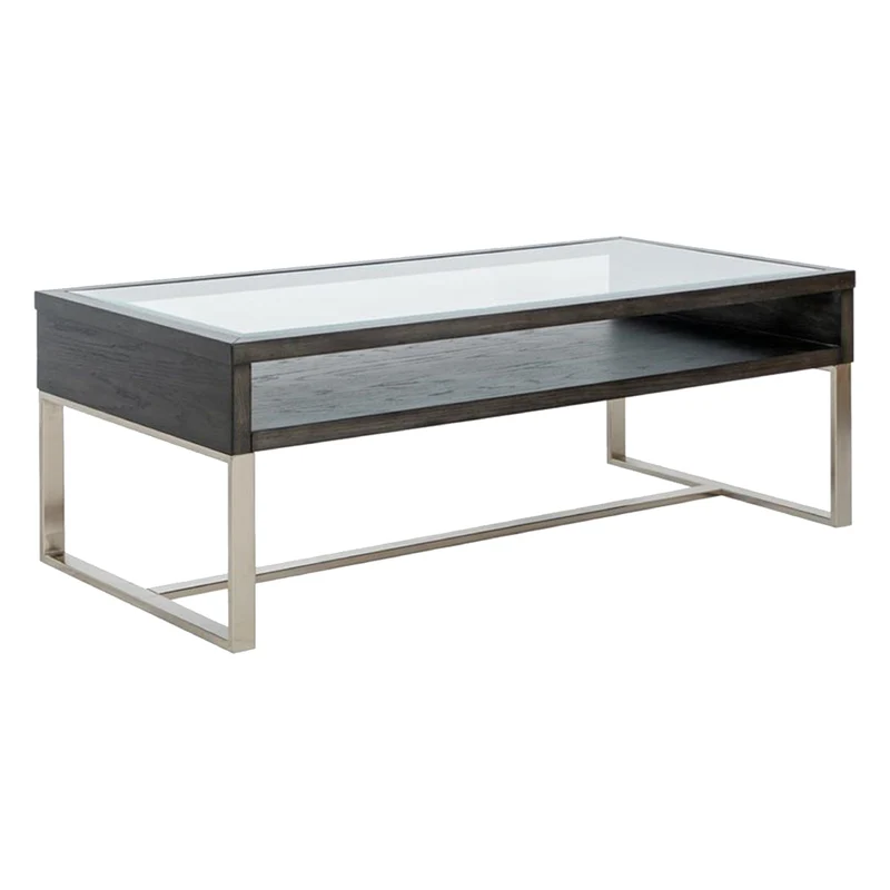Table basse en verre, en bois gris foncé et métal - Langston