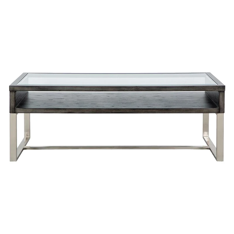 Table basse en verre, en bois gris foncé et métal - Langston