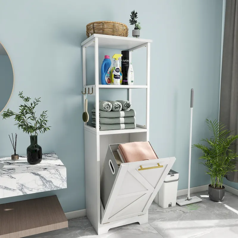 Meuble de Rangement de Salle de Bain 53H avec Panier à Linge Inclinable à 3 Niveaux