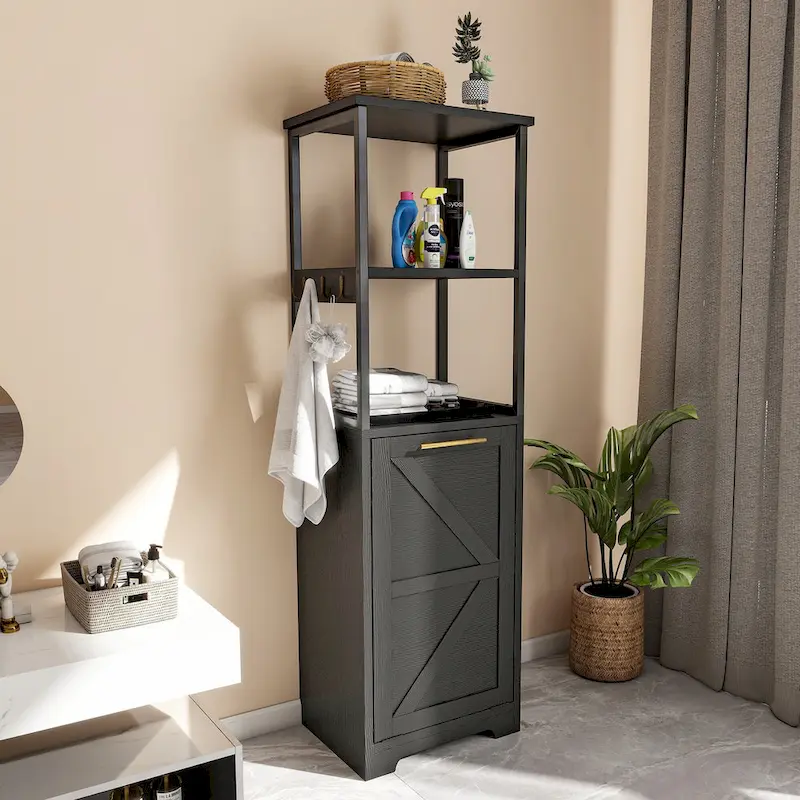 Meuble de Rangement de Salle de Bain 53H avec Panier à Linge Inclinable à 3 Niveaux