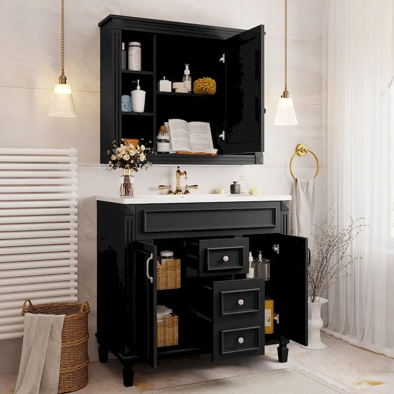 Meuble-lavabo de 36 po avec dessus, armoire de rangement de salle de bain moderne avec 2 portes à fermeture douce, 2 tiroirs et évier simple