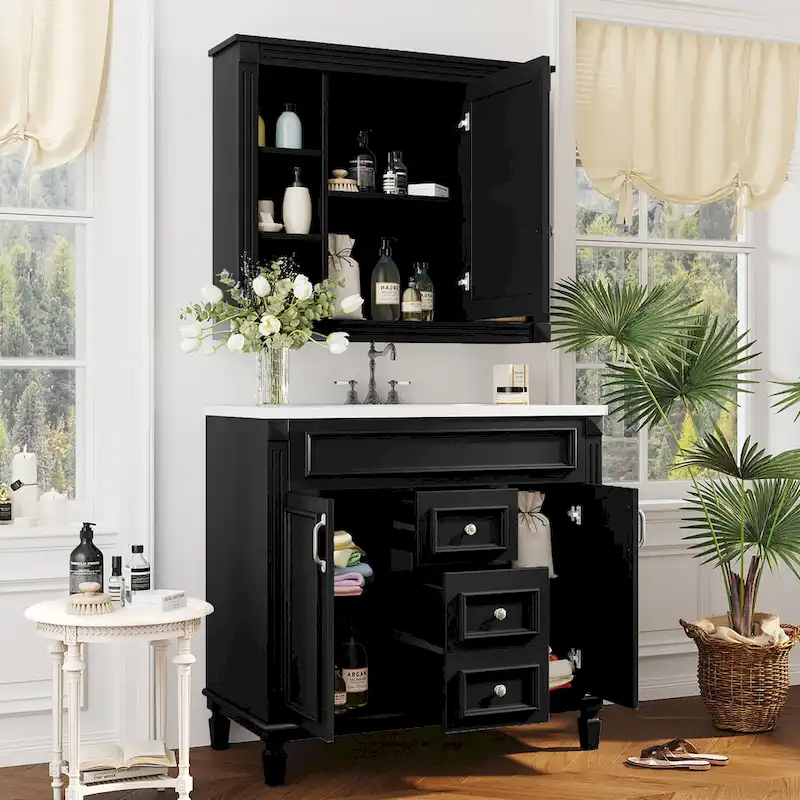 Meuble-lavabo de 36 po avec dessus, armoire de rangement de salle de bain moderne avec 2 portes à fermeture douce, 2 tiroirs et évier simple