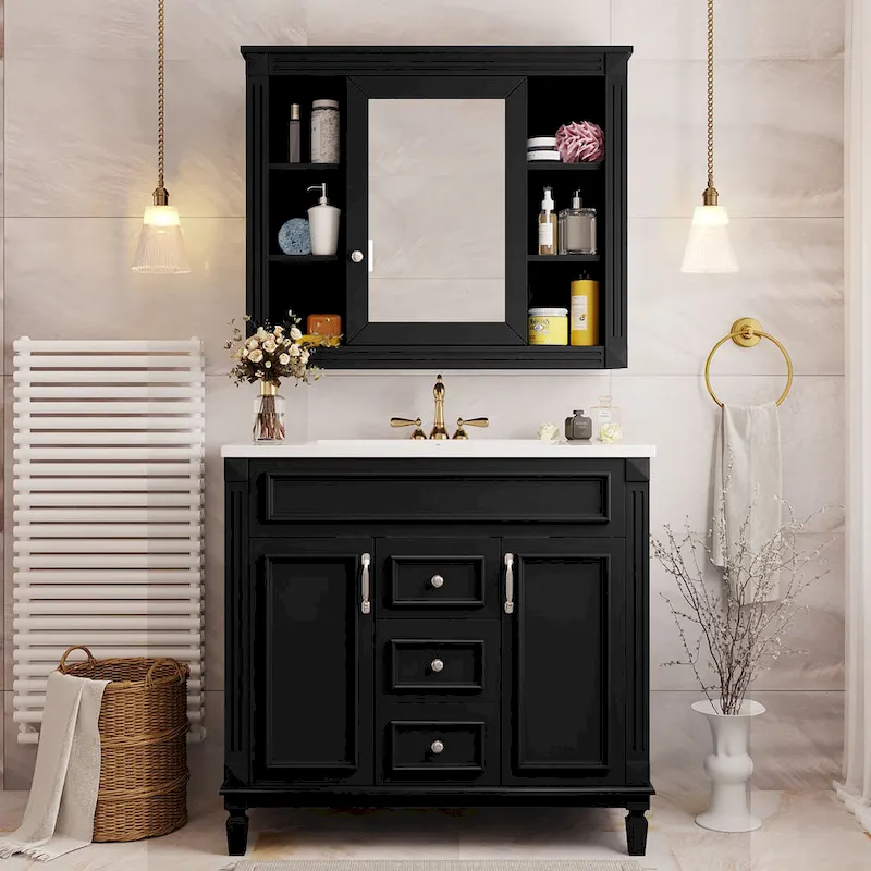 Meuble-lavabo de 36 po avec dessus, armoire de rangement de salle de bain moderne avec 2 portes à fermeture douce, 2 tiroirs et évier simple