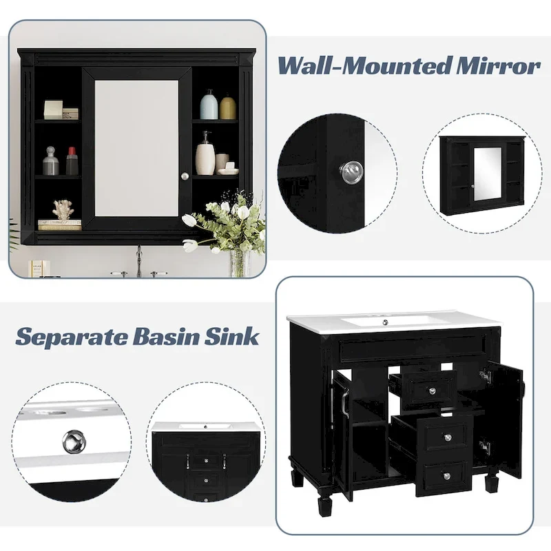 Meuble-lavabo de 36 po avec dessus, armoire de rangement de salle de bain moderne avec 2 portes à fermeture douce, 2 tiroirs et évier simple