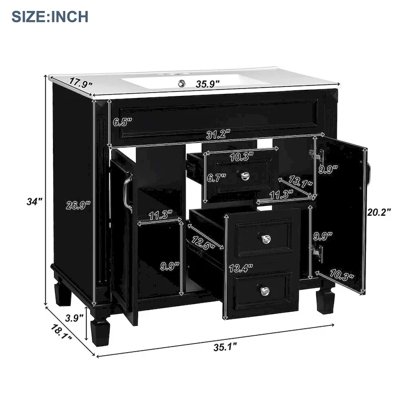 Meuble-lavabo de 36 po avec dessus, armoire de rangement de salle de bain moderne avec 2 portes à fermeture douce, 2 tiroirs et évier simple
