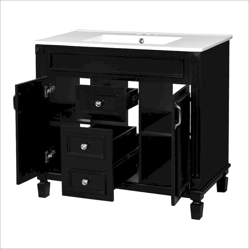 Meuble-lavabo de 36 po avec dessus, armoire de rangement de salle de bain moderne avec 2 portes à fermeture douce, 2 tiroirs et évier simple