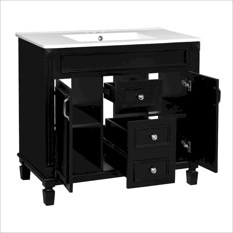 Meuble-lavabo de 36 po avec dessus, armoire de rangement de salle de bain moderne avec 2 portes à fermeture douce, 2 tiroirs et évier simple