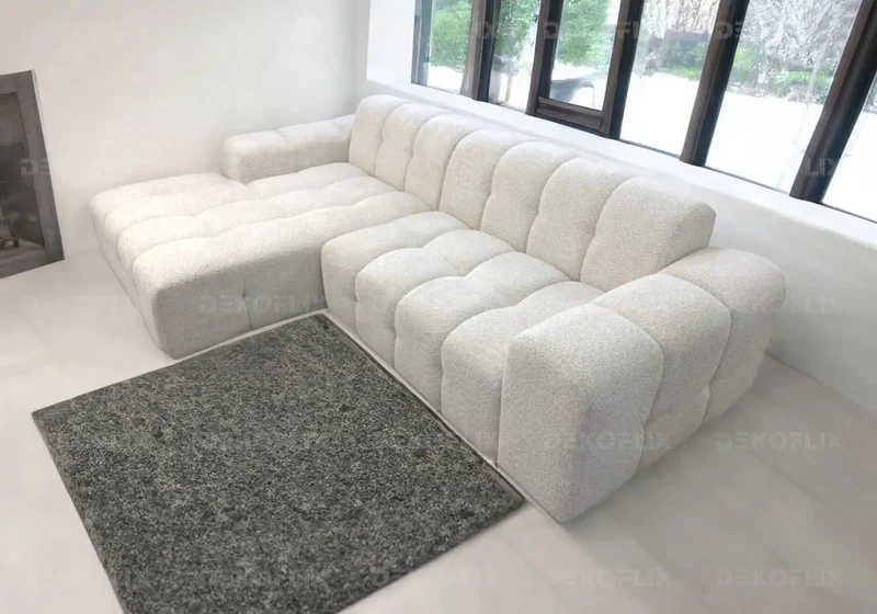 Canapé angle moderne doudou boucle blanc - Sary