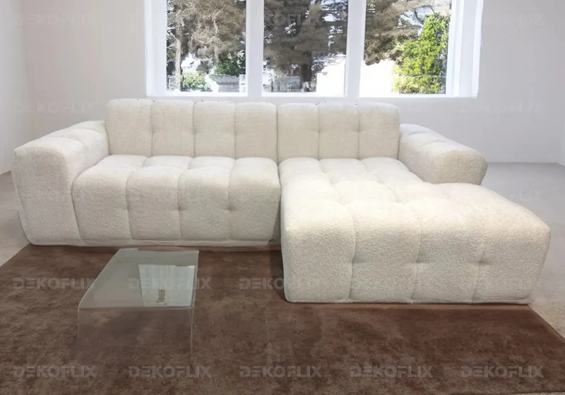 Canapé angle moderne doudou boucle blanc - Sary