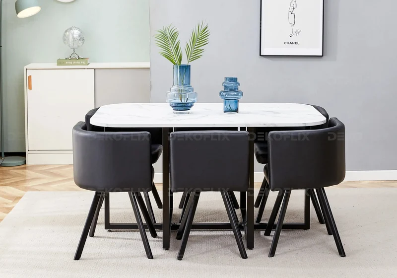 Ensemble table marbre et 6 chaises noir - Space