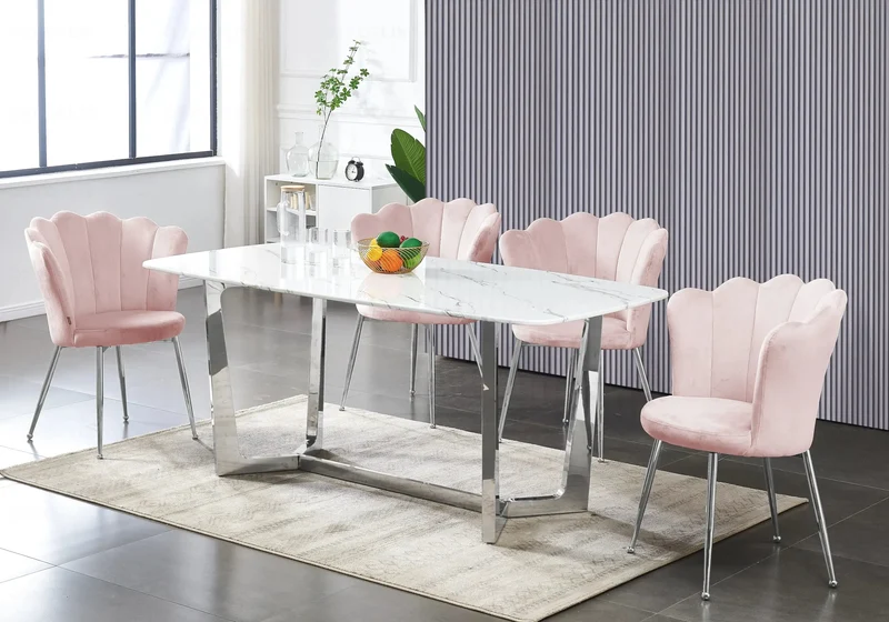 Chaise de table coquillage velours rose pieds argent - Nymea x2