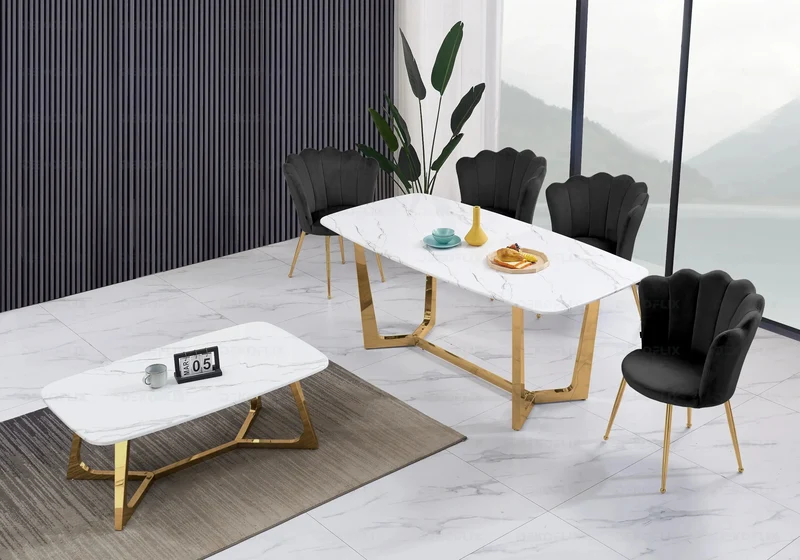 Ensemble salle à manger marbre blanc doré – Gaya